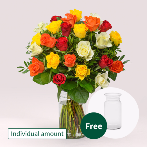 Individual mixed coloured roses with vase